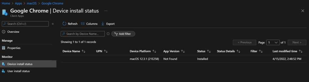 App installation on macOS device and verify install status in Intune